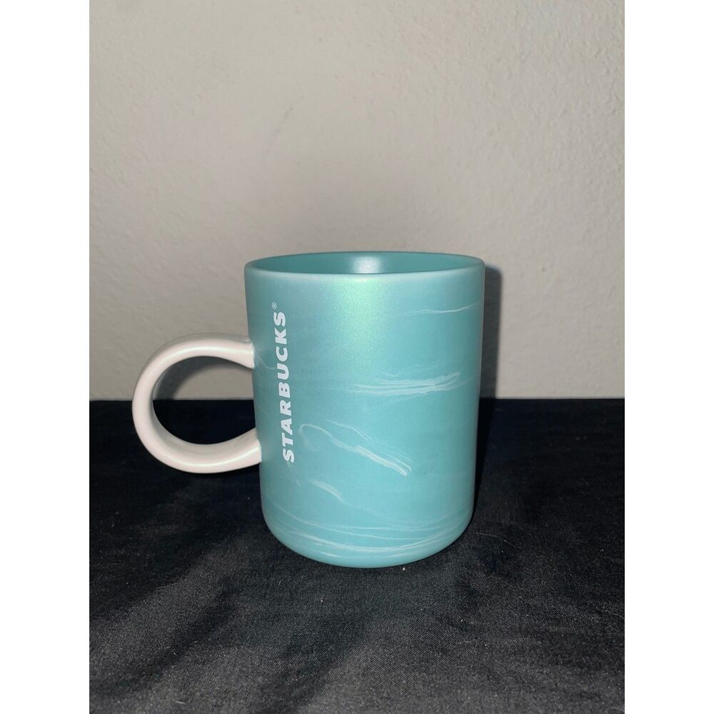 Starbucks 2017 Aquamarine Teal Shimmer Marble Ceramic Mug 12 oz White Handle
